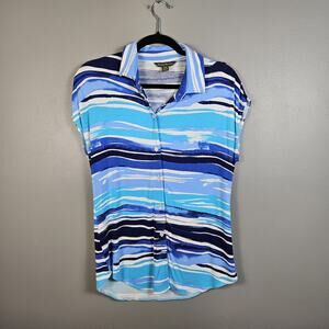 Tommy Bahama Womens Small Short Sleeve Button Up Stretch Abstract Blue Shirt
